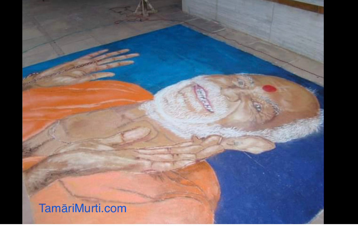 Devotional rangoli artwork of Yogiji Maharaj created during a night-long spiritual process at Sarangpur outside Shastriji Maharaj Smruti Mandir