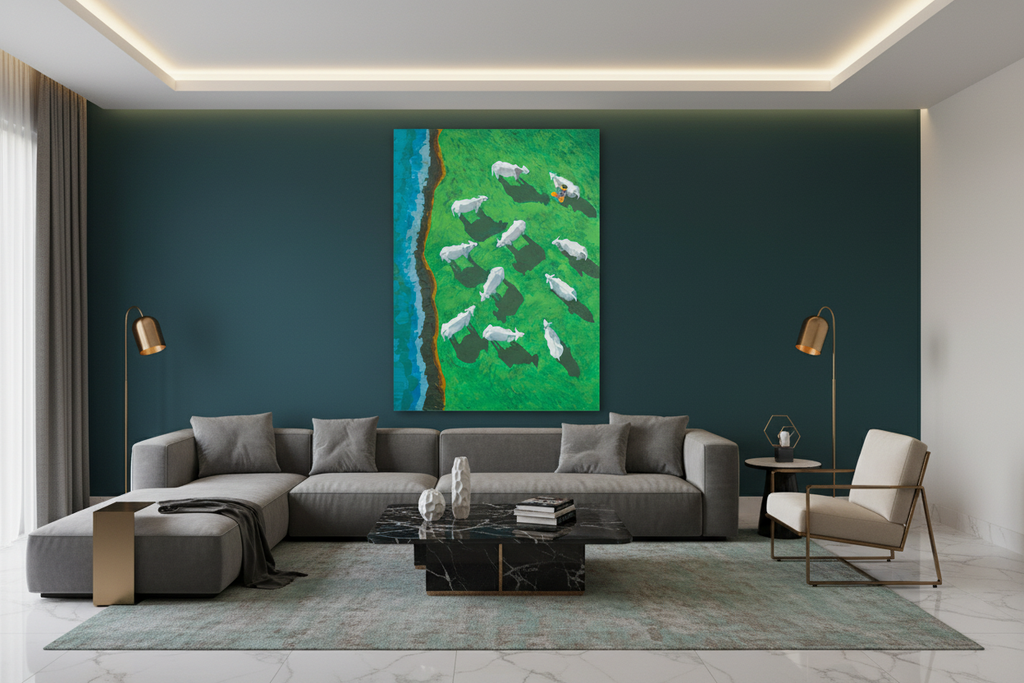 40x60 Canvas on Dark Turquoise Accent Wall