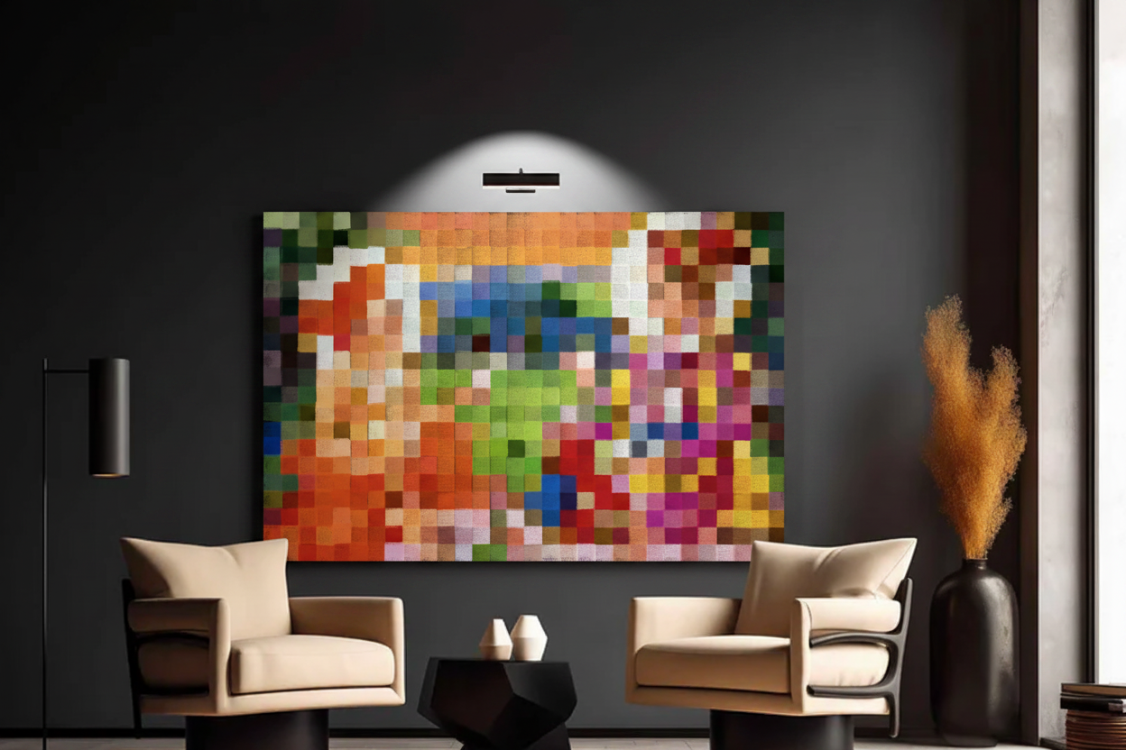 Akshar Purushottam Maharaj pixelated canvas artwork featuring Bhagwan Swaminarayan and Gunatitanand Swami