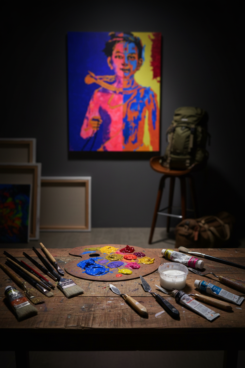 Artist studio with corner paintings less visible