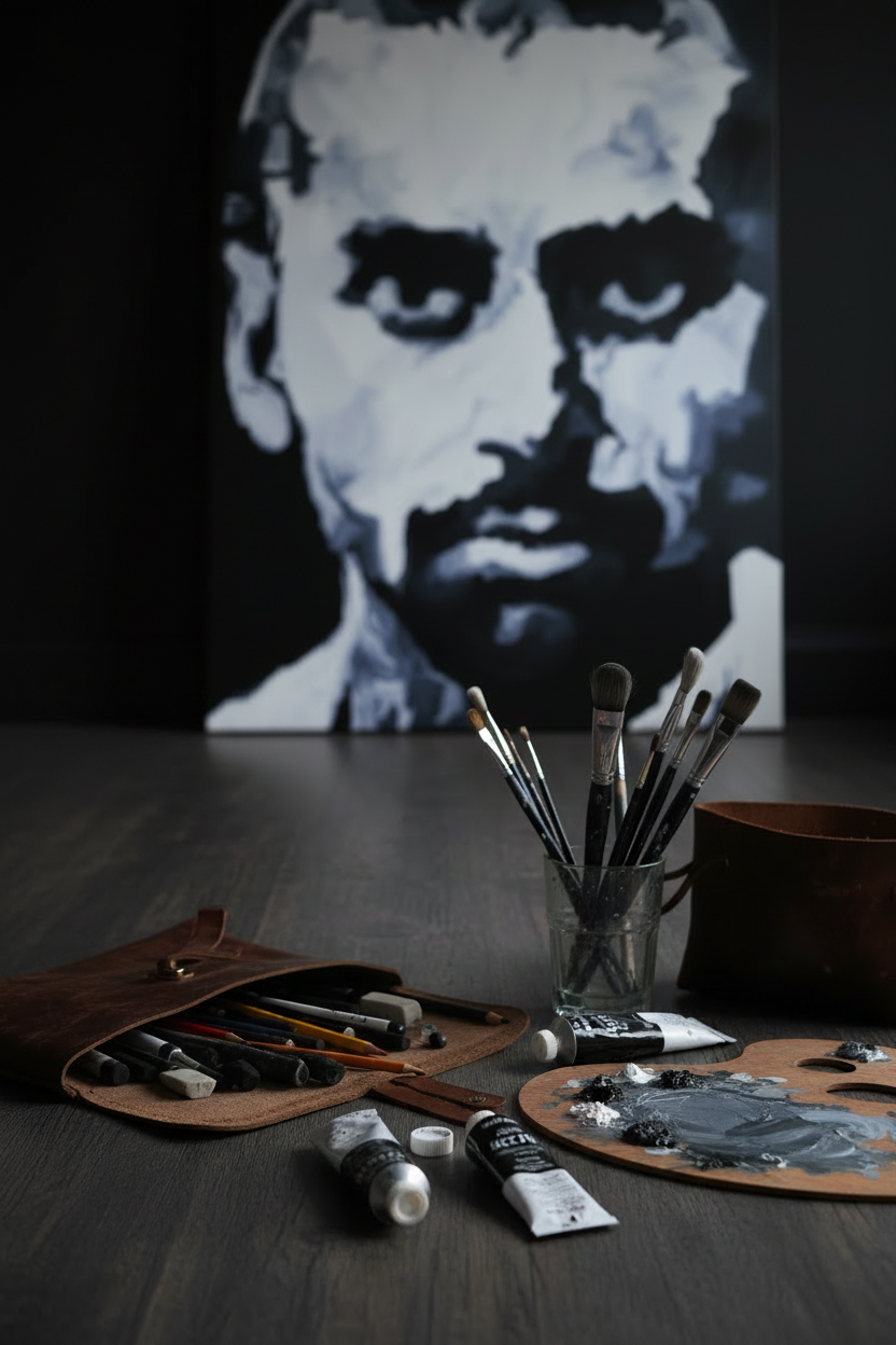 Artist workspace with black wall background