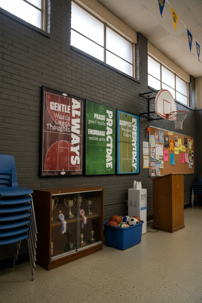 Assembly hall with 3 different posters