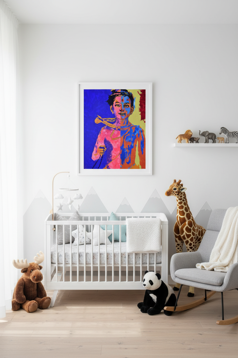 Attractive nursery with crib beneath artwork