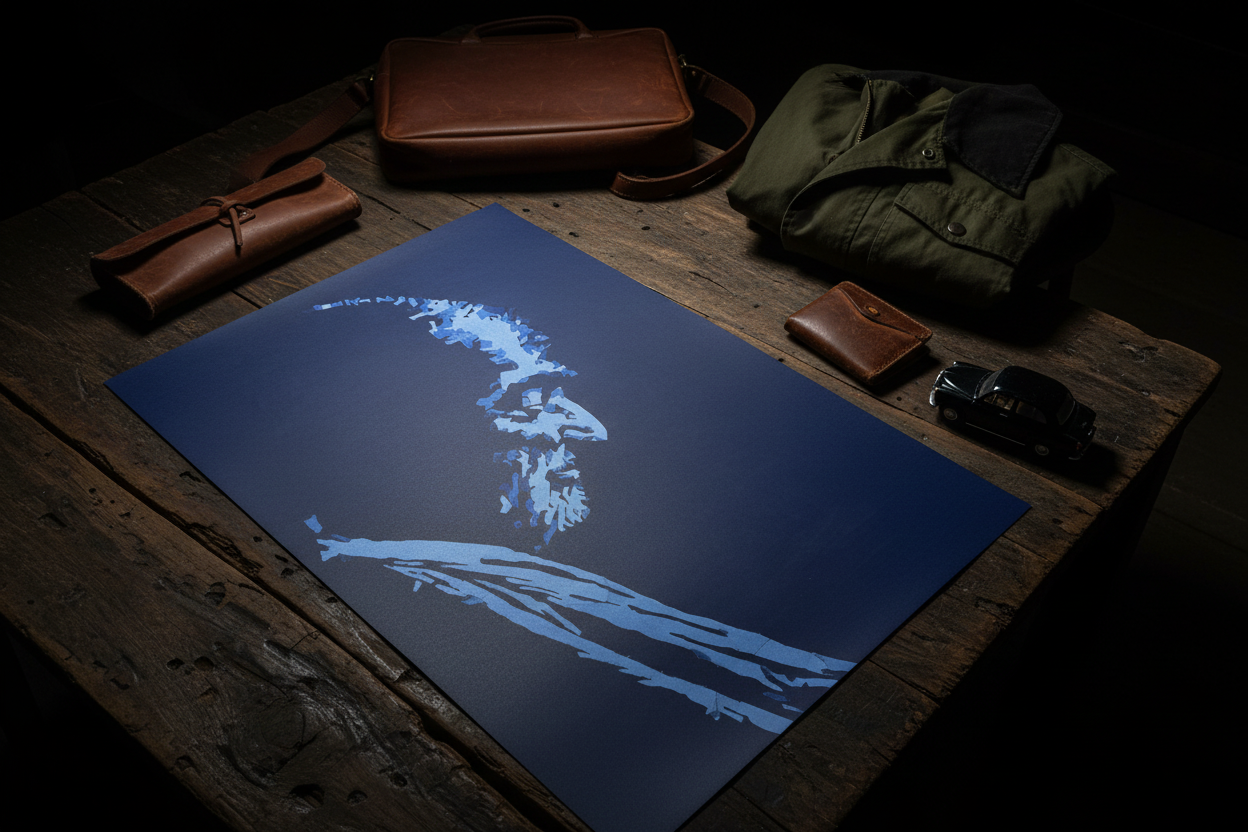 Blue artwork poster with leather goods and lifestyle items