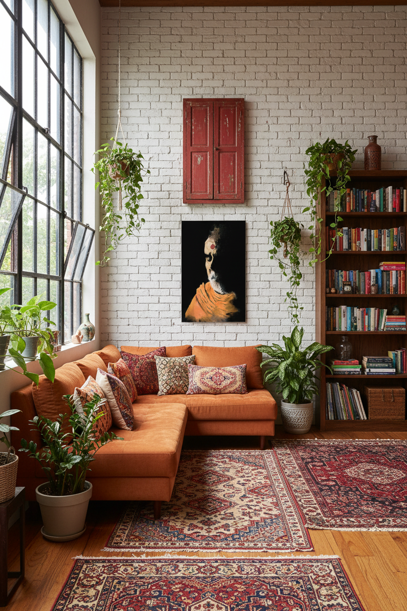 Bohemian living room with portrait metal print