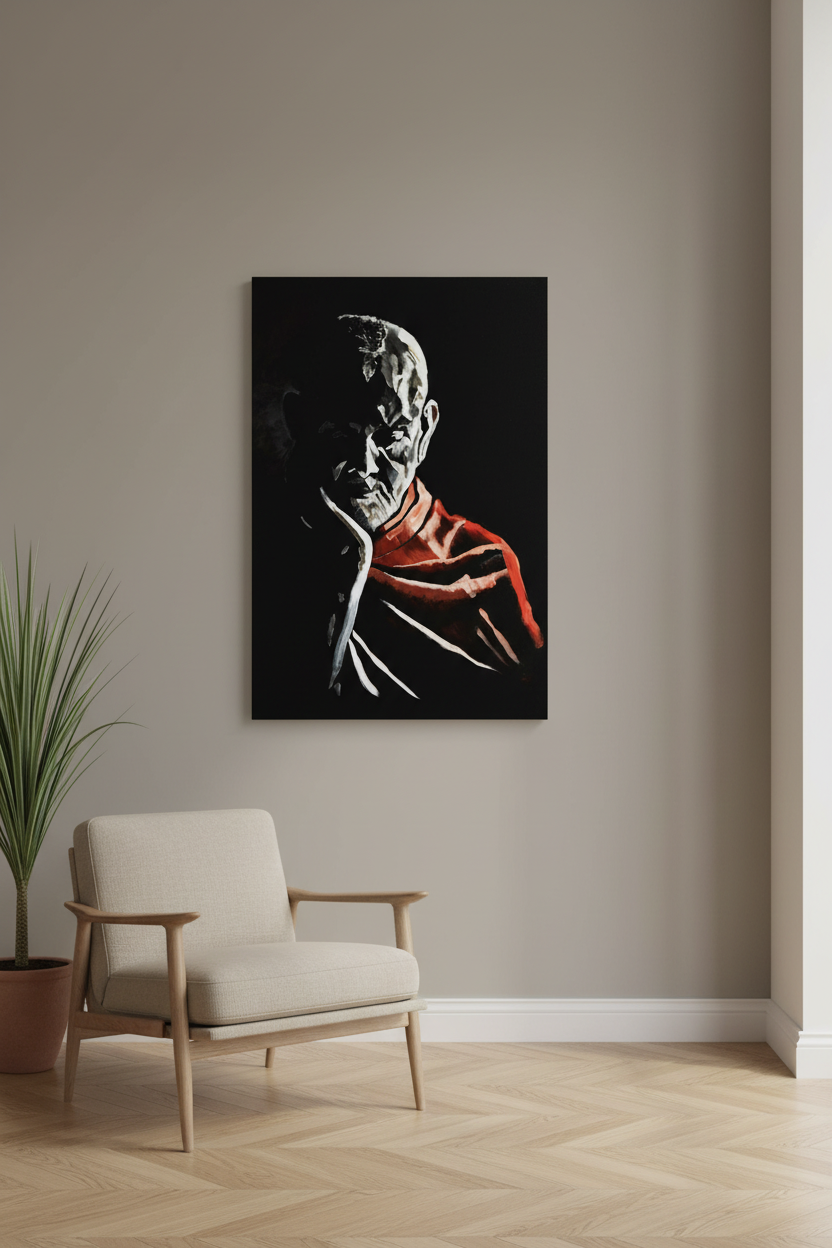 Devotional canvas artwork of Mahant Swami Maharaj reading peacefully with head resting on one hand