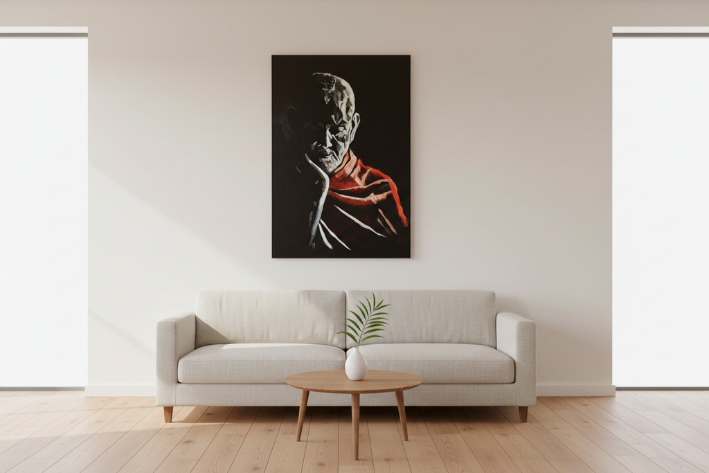 Original acrylic painting of Mahant Swami Maharaj in quiet reflection reproduced on museum-quality canvas