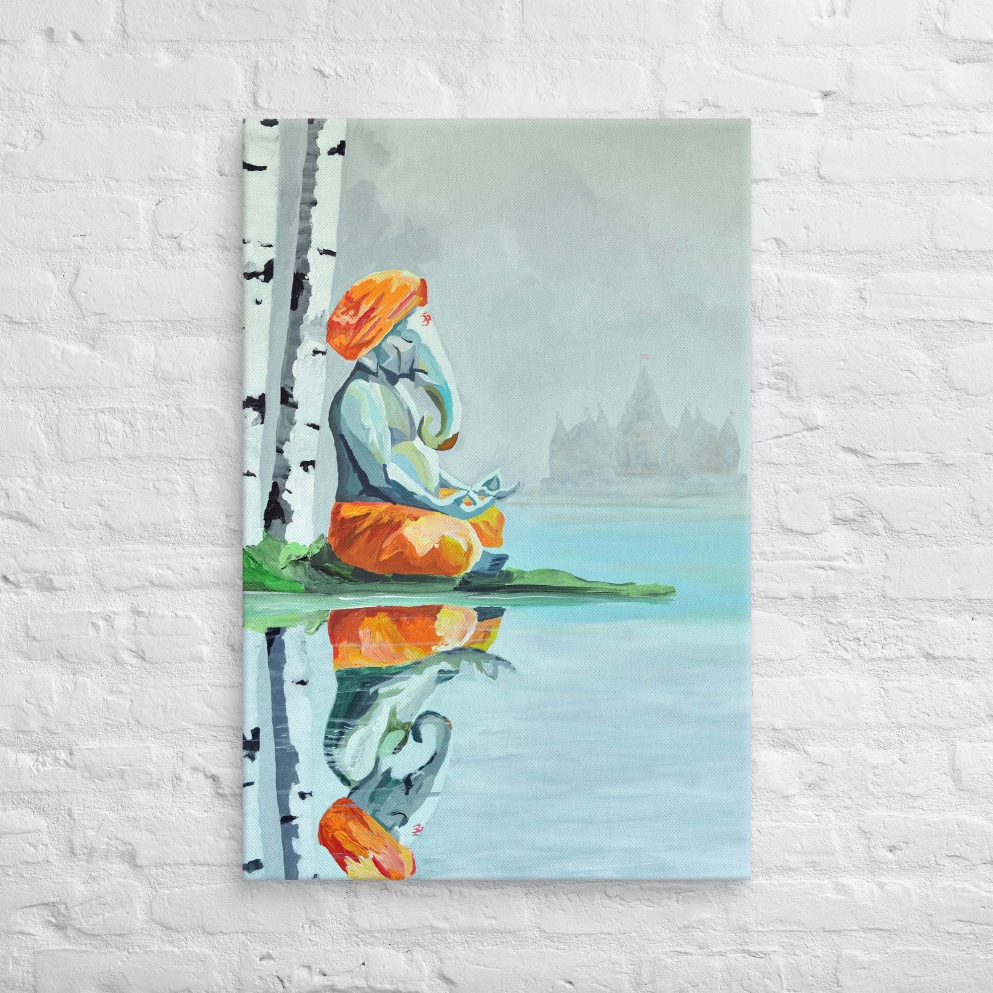 Museum-quality Lord Ganesha canvas print inspired by nature, featuring a reflective lake, peaceful birch trees, gentle fog, and Akshardham architecture.