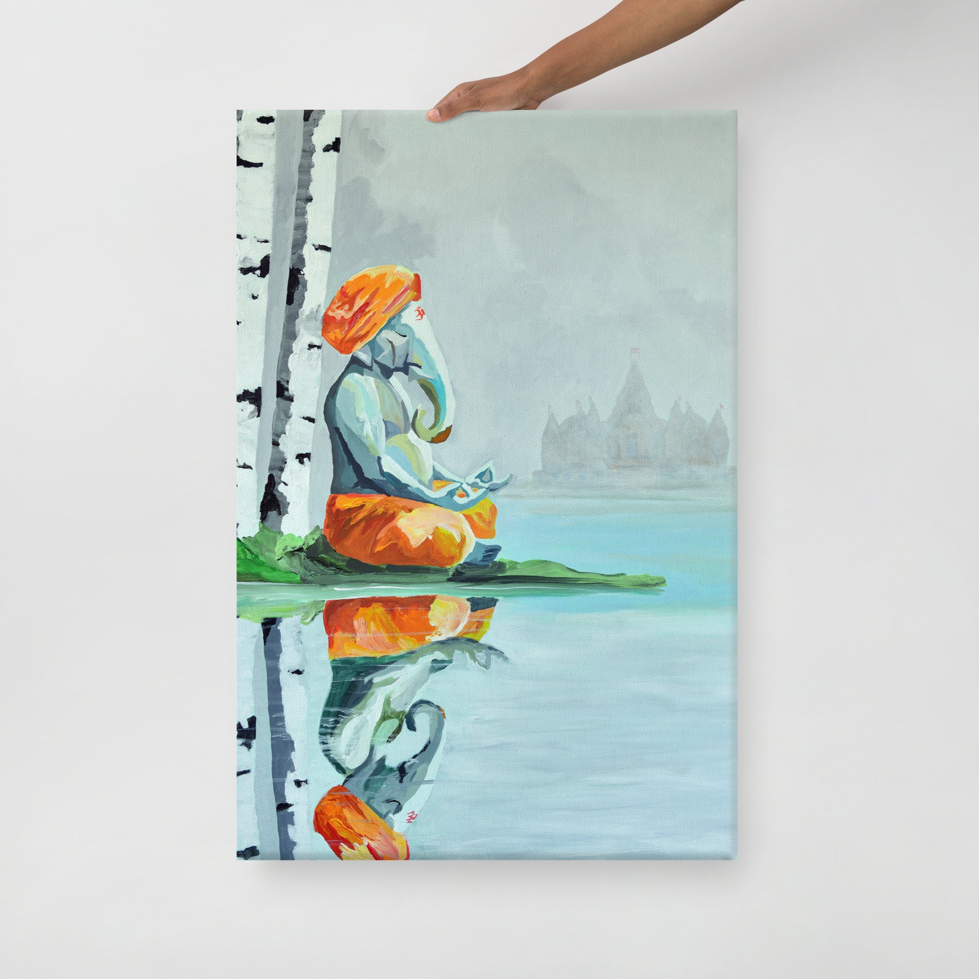 Spiritual Lord Ganesha landscape canvas with calm lake reflections, birch trees, soft morning fog, and Akshardham temple in the background, inspired by Hindu devotion.