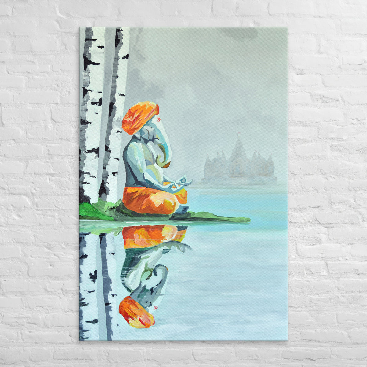 Lord Ganesha museum-quality canvas wall art featuring a misty lakeside, peaceful forest, divine reflection, and distant Akshardham temple at sunrise.