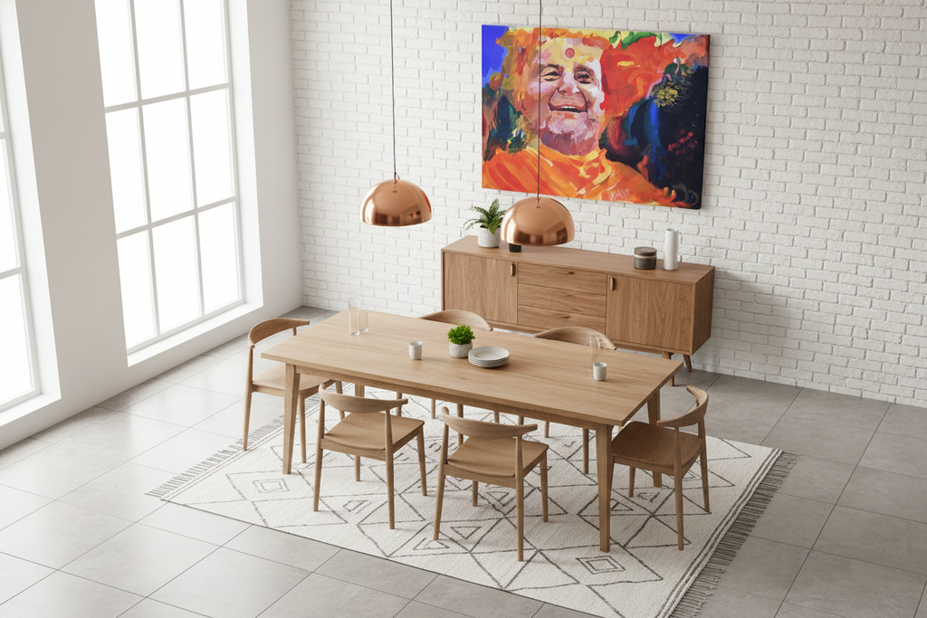 Colorful portrait canvas in modern dining room - top angle view