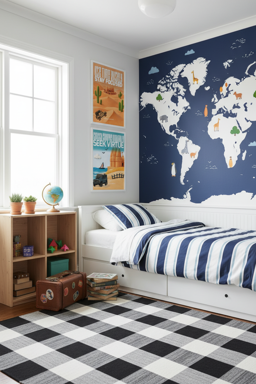 Corner bedroom with map wallpaper and motivational posters