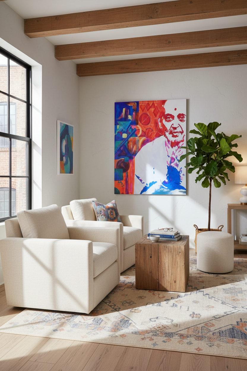 Cozy living room corner view with vibrant abstract portrait