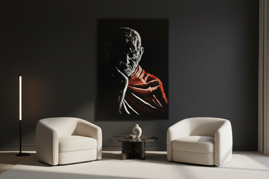 Mahant Swami Maharaj reading under gentle evening light in a premium canvas print