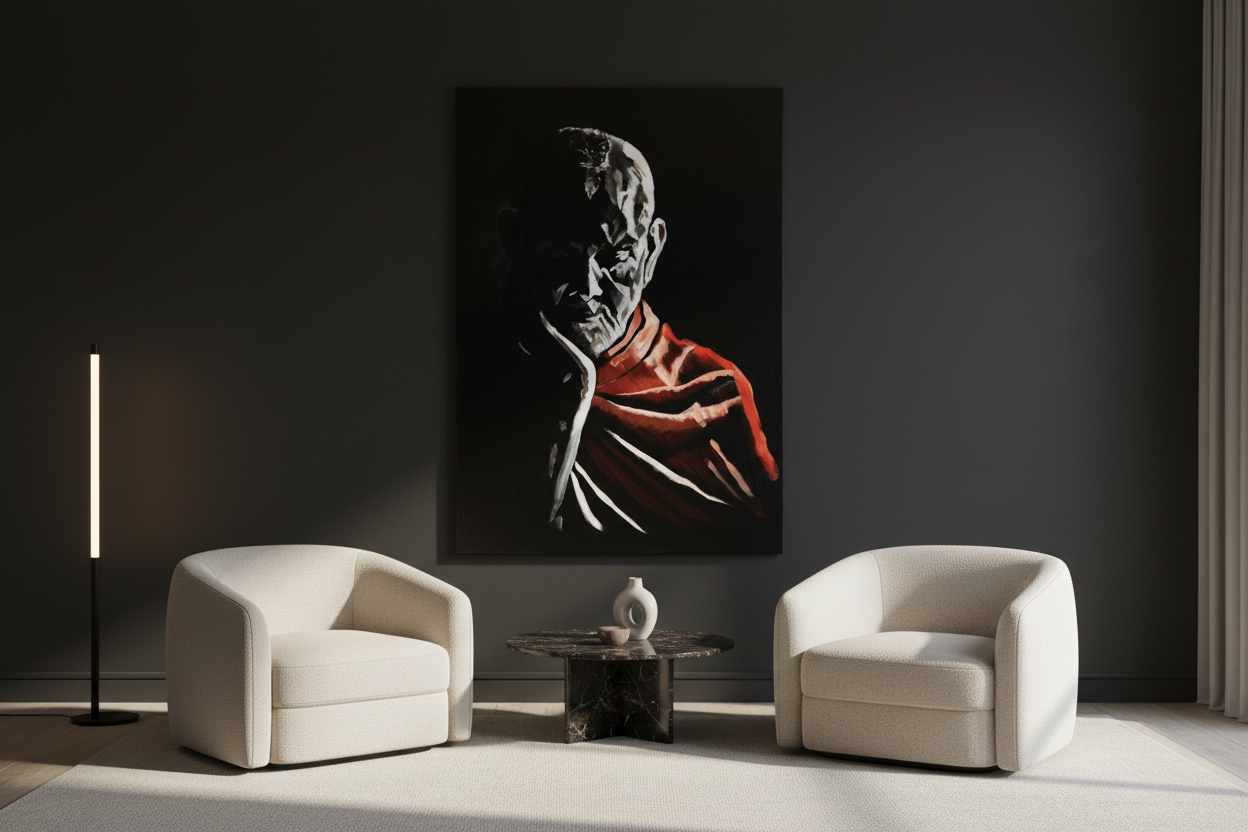 Mahant Swami Maharaj reading under gentle evening light in a premium canvas print