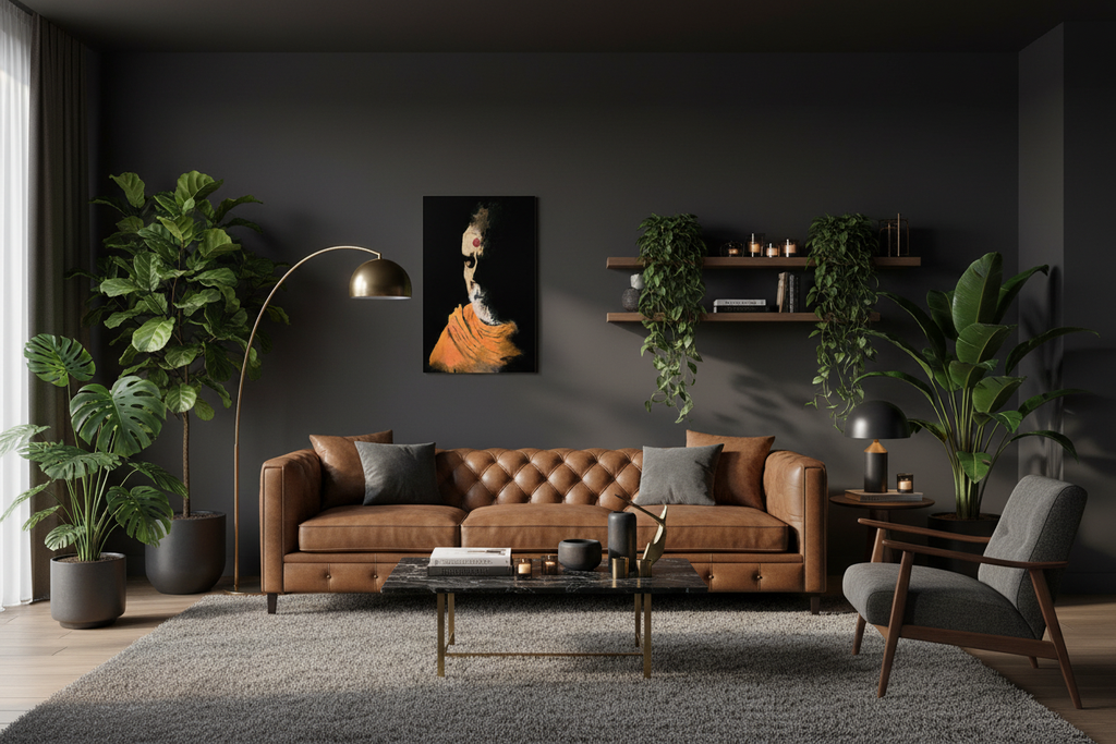 Dark room with realistically sized portrait metal print, no fake reflections