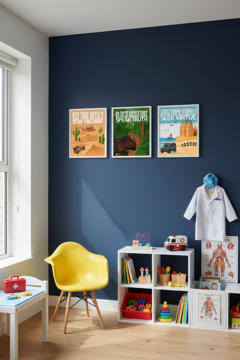 Doctor-themed room with smaller realistic poster sizes