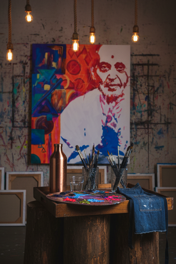 Extra large 4x5 canvas in dark studio with vintage LED lights