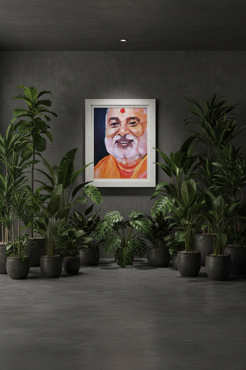 Framed artwork with tall plants and potted trees