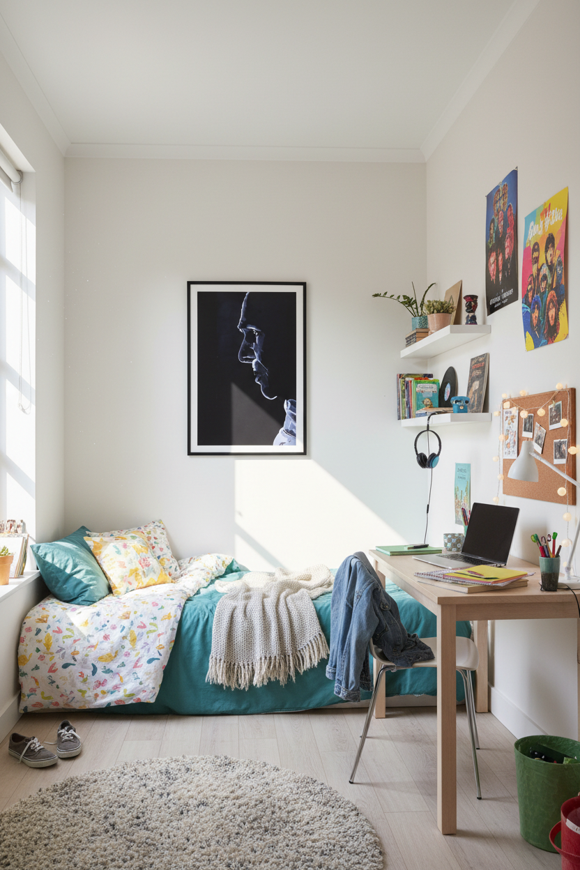 Framed poster in bright teenager's bedroom