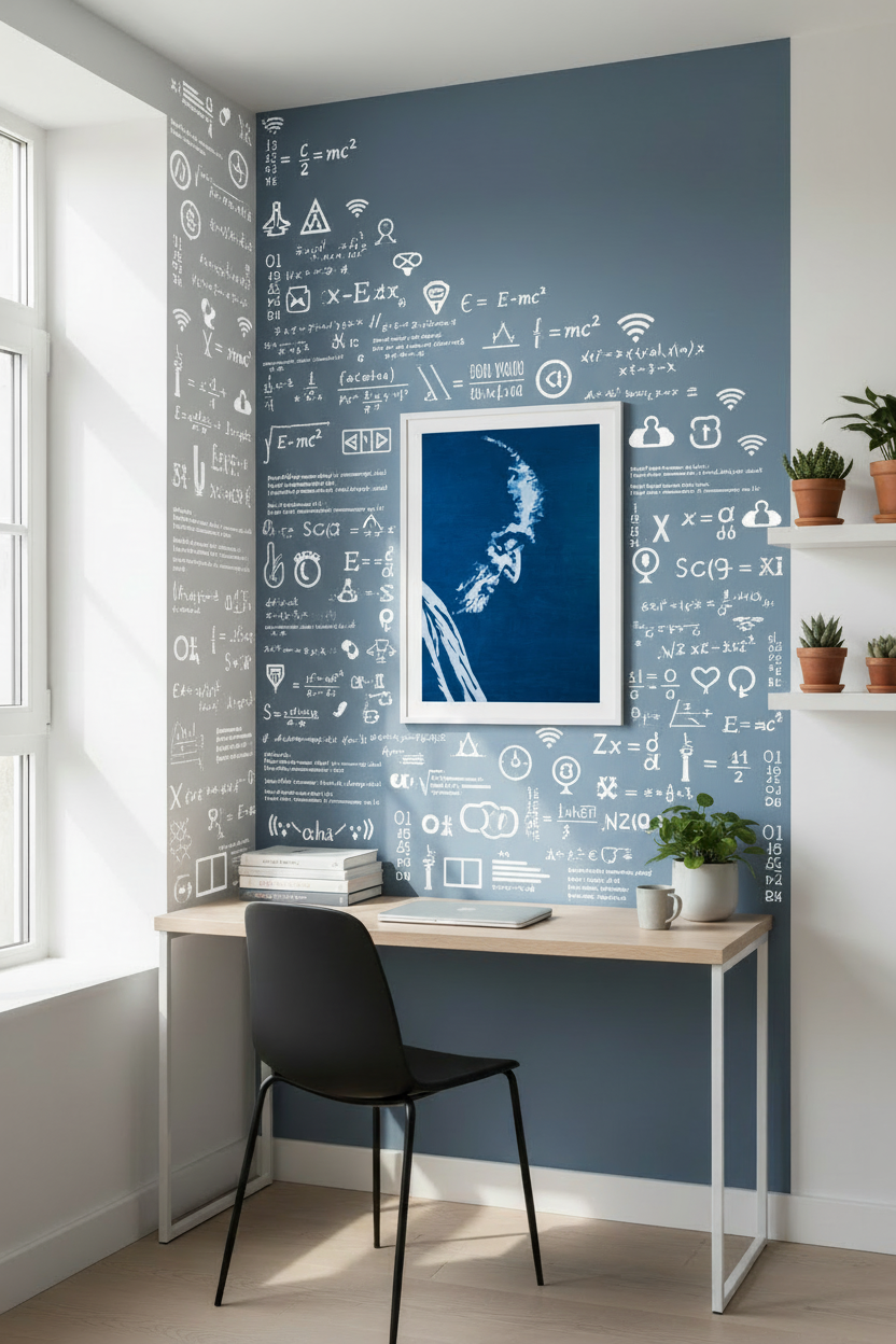 Framed poster in engineering study room with equation stickers