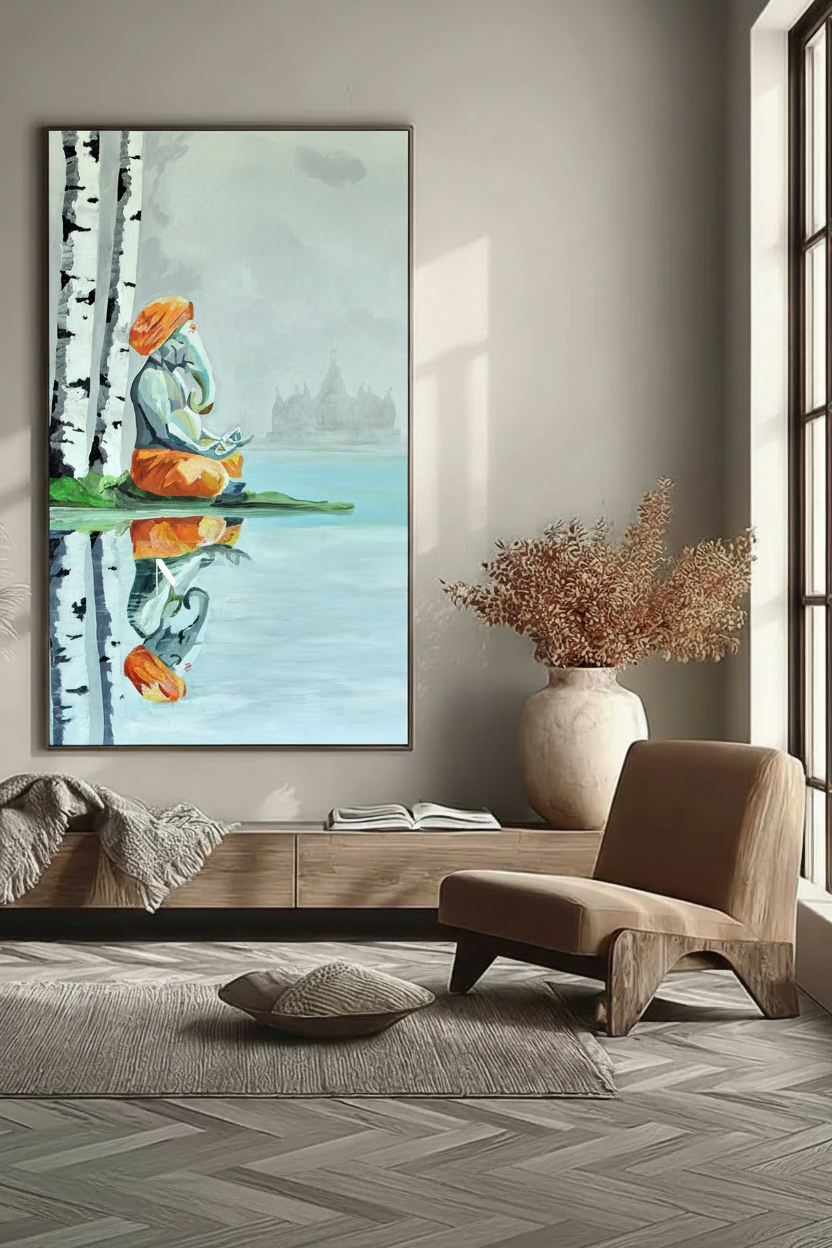 Serene Lord Ganesha canvas artwork featuring a foggy morning landscape, calm lake reflection, birch forest, and distant Akshardham temple.