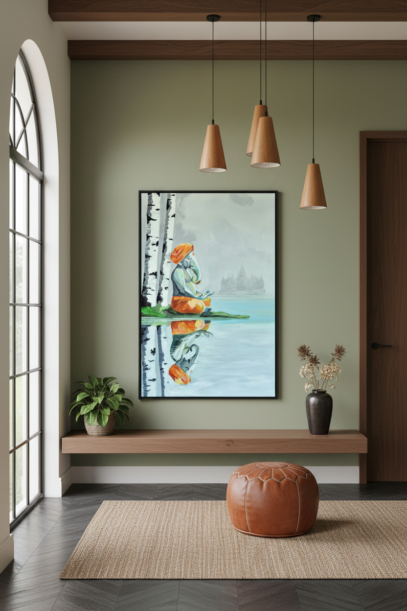 Contemporary Lord Ganesha devotional wall art with tranquil waters, soft morning mist, forest scenery, and Akshardham temple silhouette.