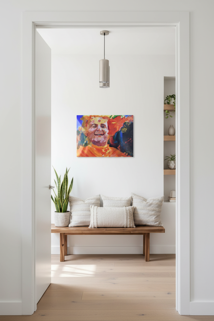 Glossy metal print in bright entryway