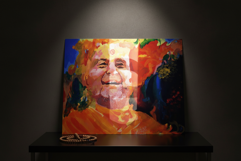 Glossy metal print on table with mala beads