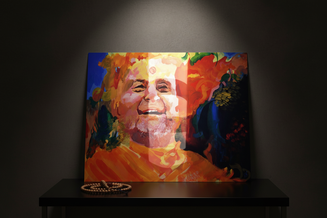 Glossy metal print on table with mala beads