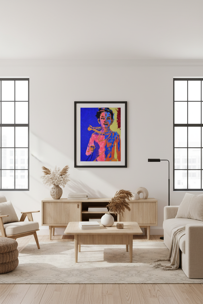 High-end living room with balanced framed print and natural light