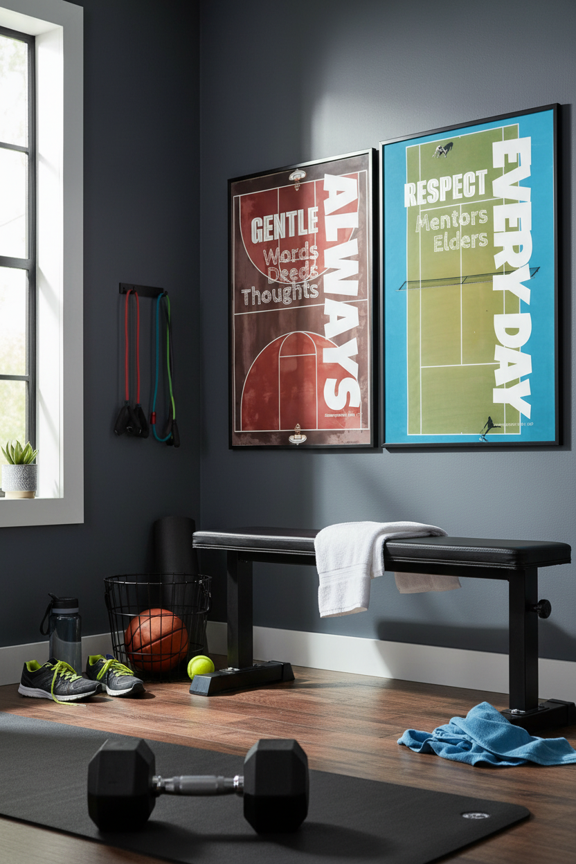 Home gym with original posters