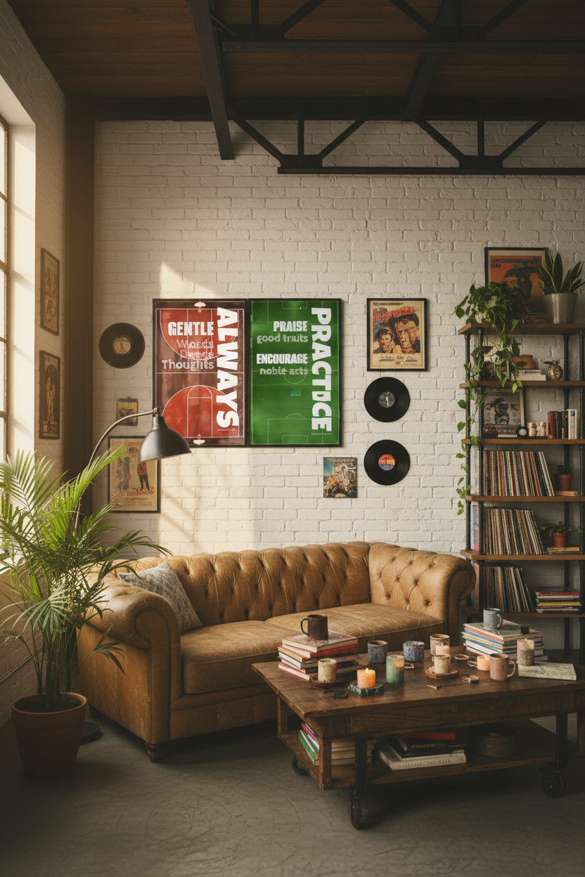 Industrial loft side view with three framed sports posters