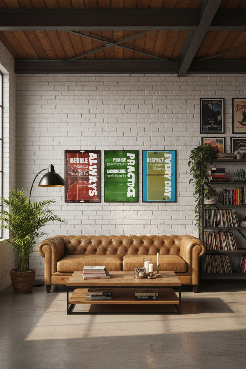 Industrial loft with three framed sports typography posters