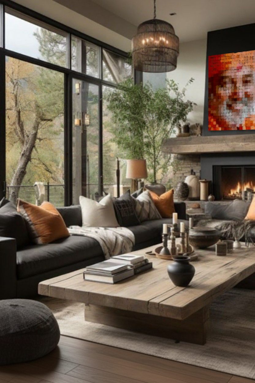 Large Mosaic Canvas Above Fireplace – Farmhouse Living Room