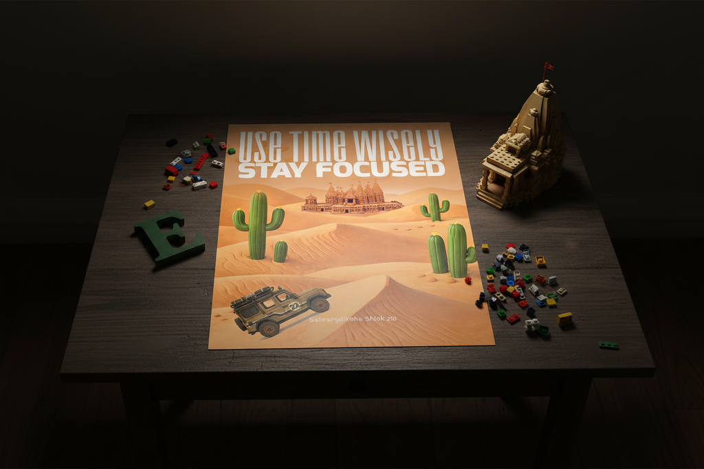 Lifestyle product shot of poster on dark accent table