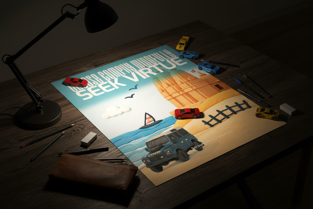 Lifestyle shot of poster on dark table with lamp and stationery