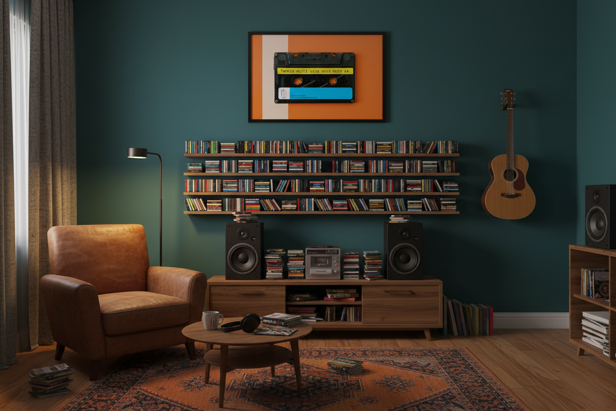 Lived-in music room with cassette collection