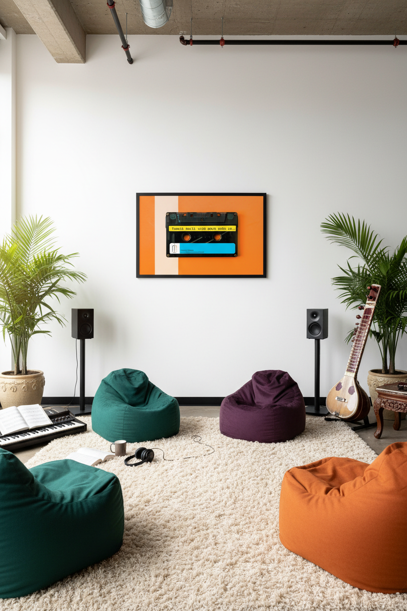 Lived-in music room with cassette poster