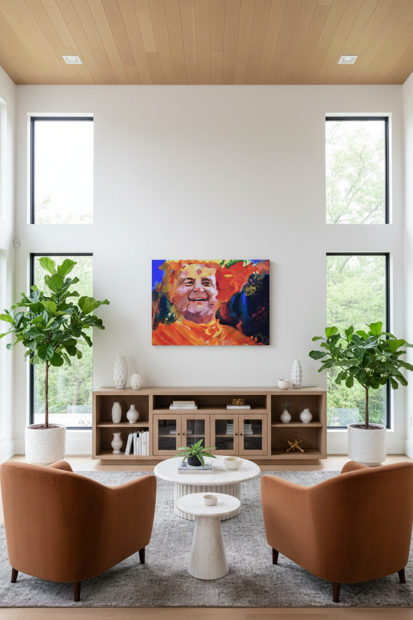 Luxury living room with canvas hanging directly on white wall