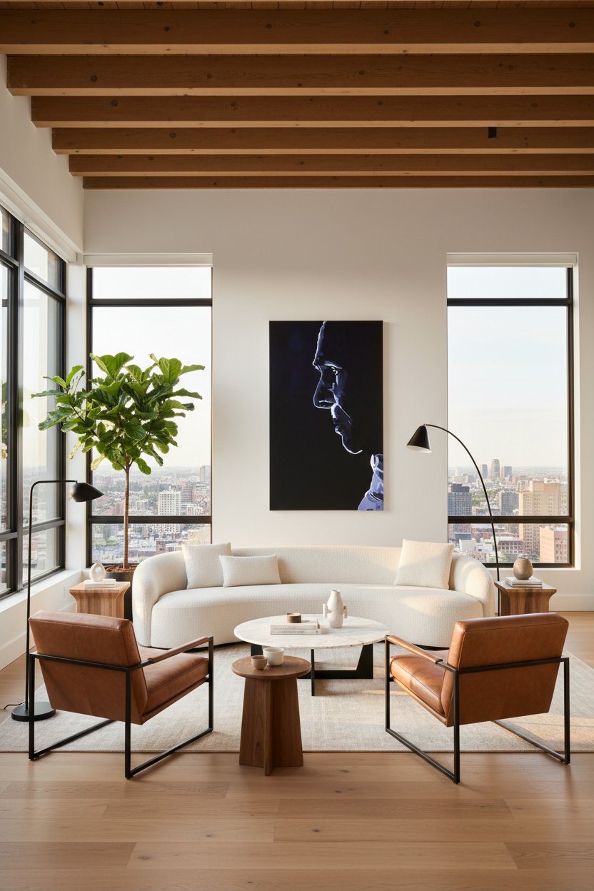 Luxury loft with white walls and properly scaled canvas and furniture