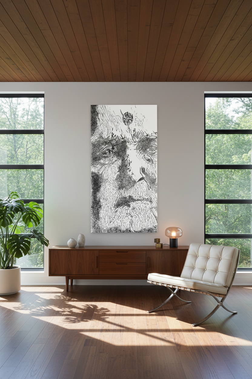 Mid-century modern room with ink sketch canvas