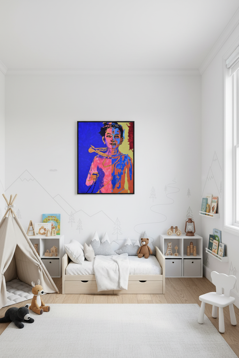 Modern hiking-themed kids room with framed poster