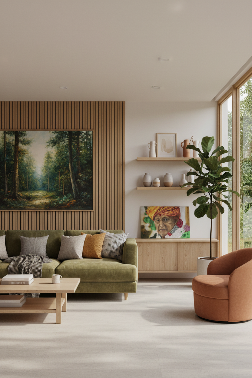 Modern living room with horizontal portrait metal print