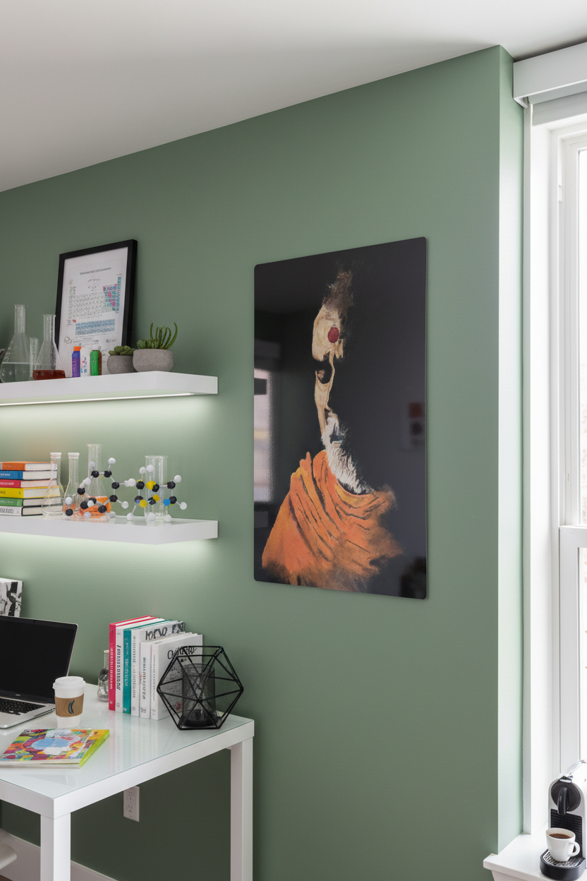 Modern pharmacy student room with portrait metal print on accent wall