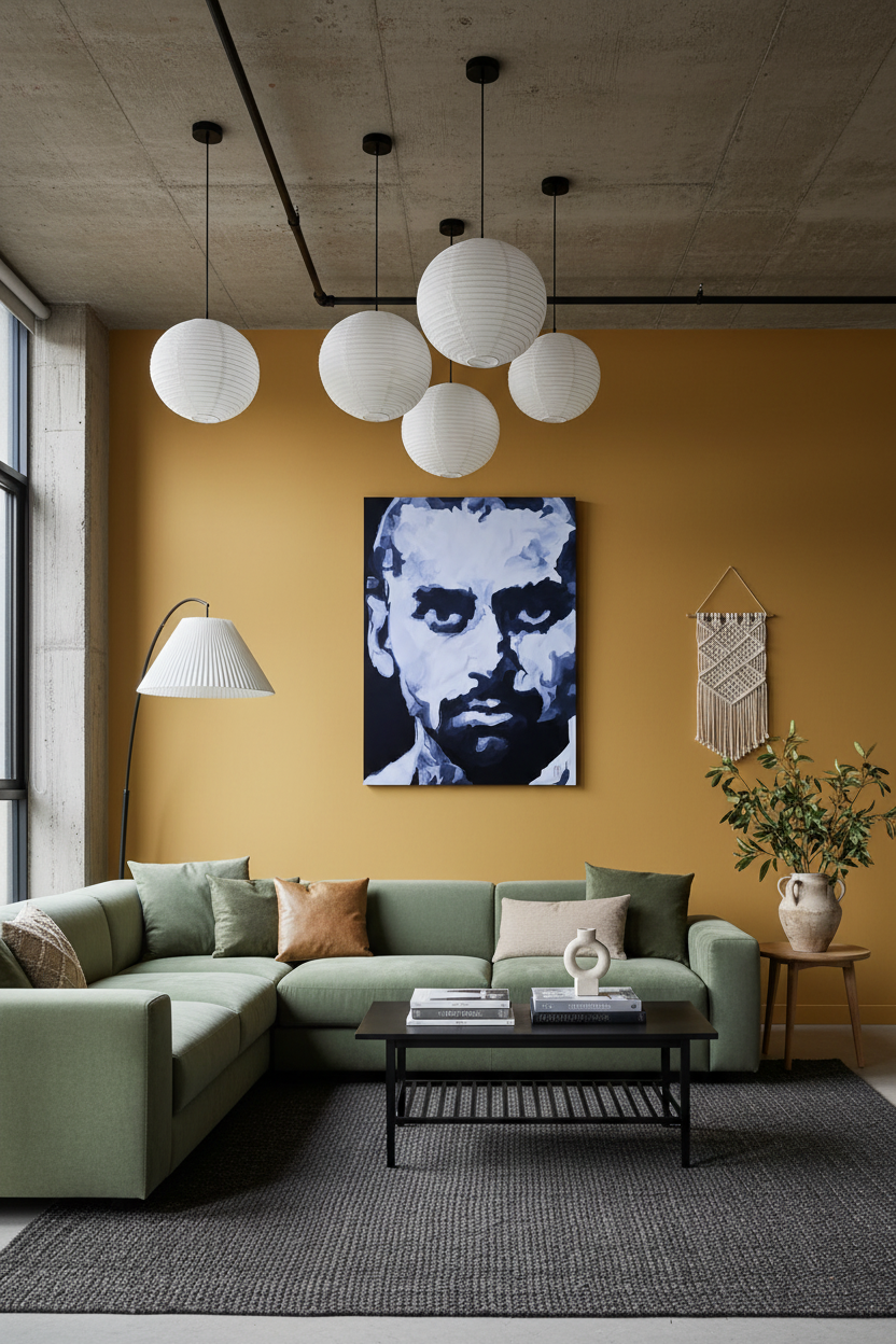 Modern room with concrete ceiling and canvas on yellow wall