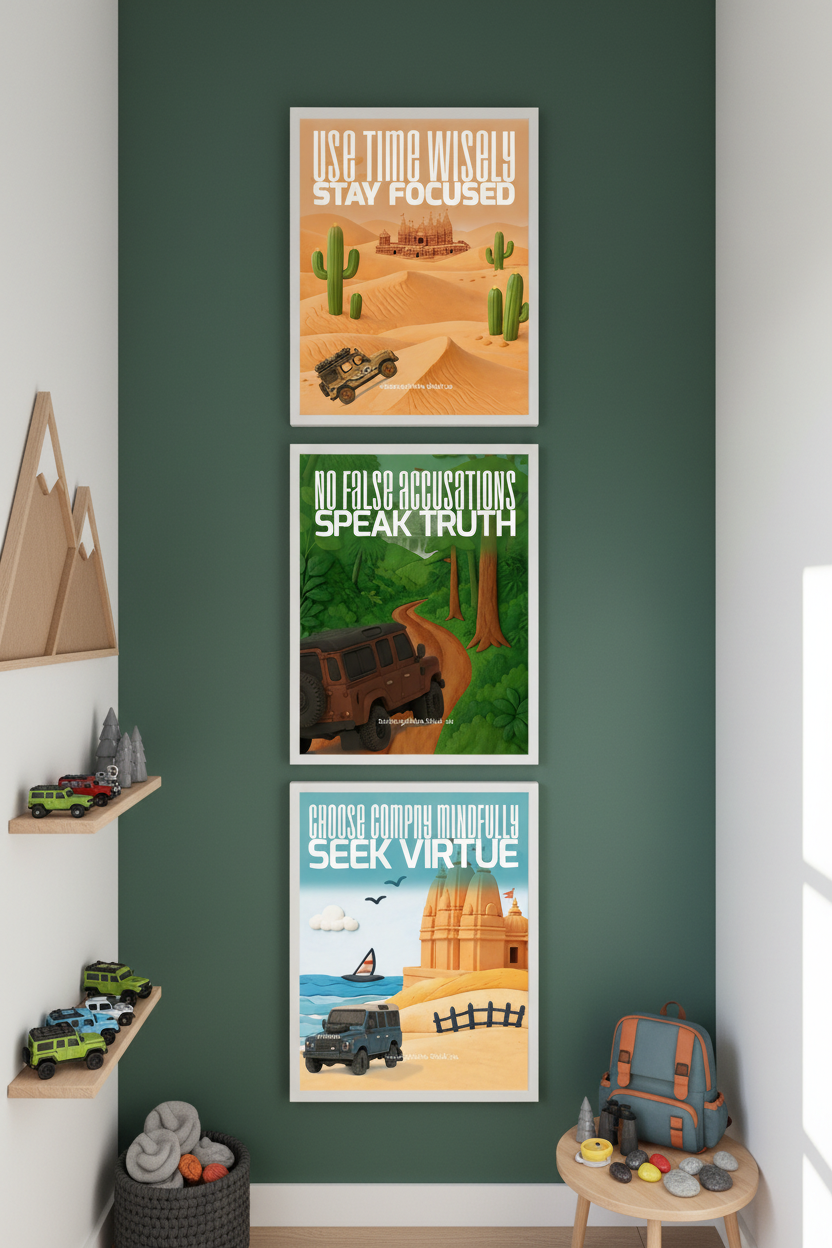Mountains-themed room with three posters on dark green wall