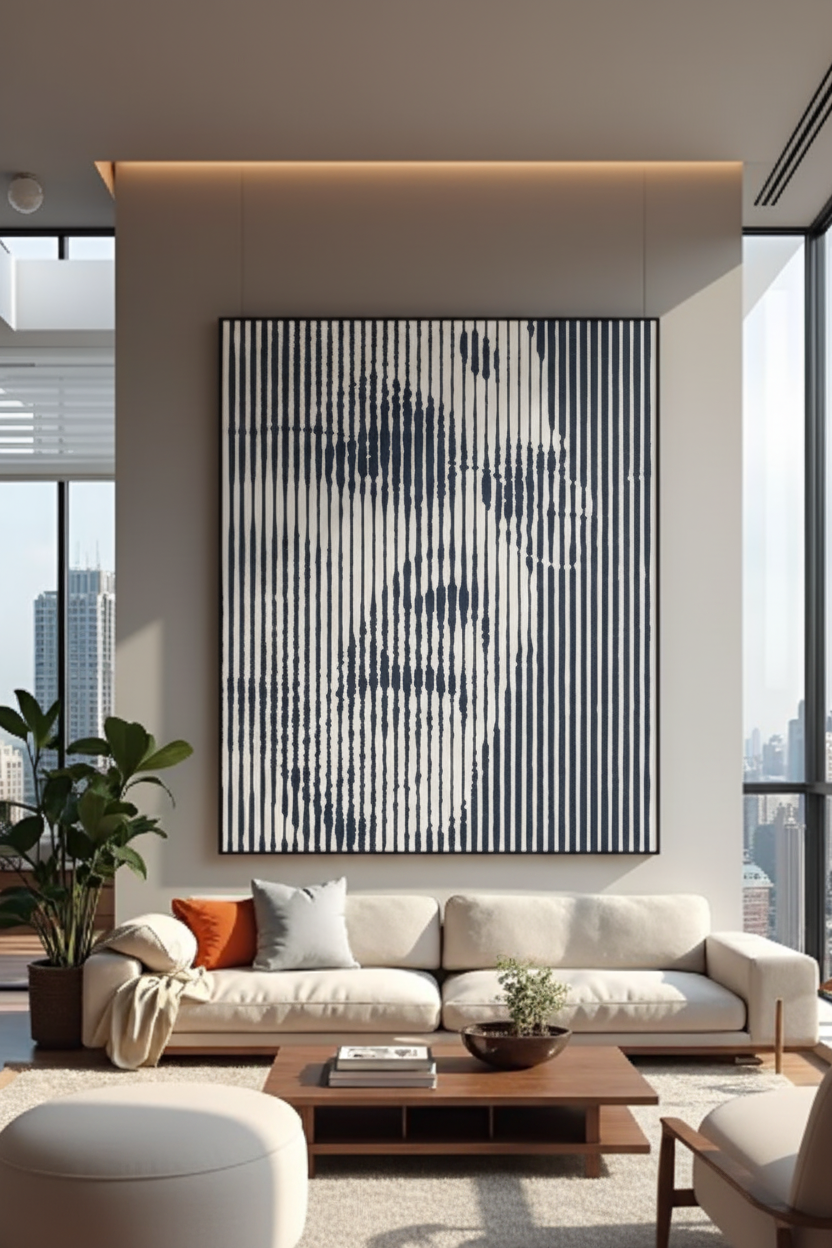 Navy Stripe 40x60 Portrait Canvas – High-Rise Interior