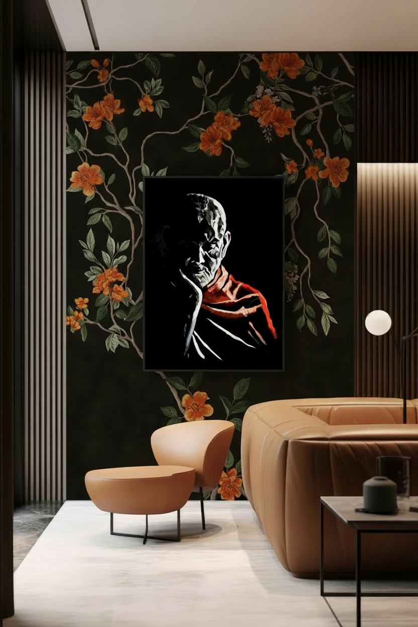 Photorealistic Dark Luxury Interior with Handcrafted Mahant Swami Maharaj devotional canvas print for spiritual décor