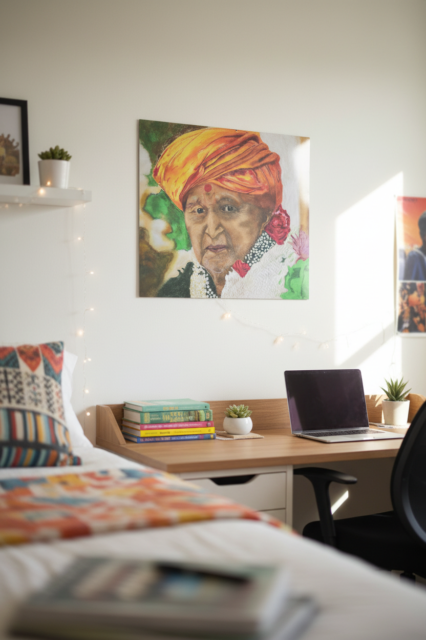 Portrait aluminum metal print in bright dorm room